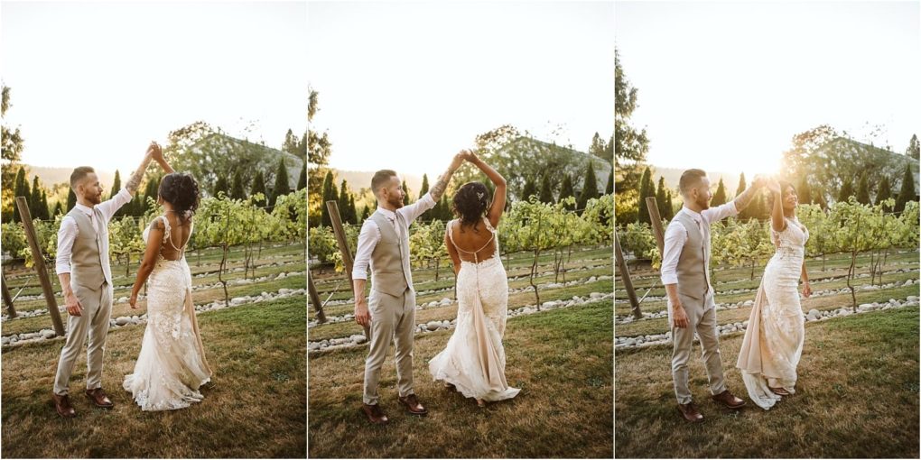 Premier snohomish & seattle wedding photographer | gsquared weddings photography a bride and groom twirl joyfully in a snohomish vineyard at sunset The brides lace wedding gown glows as they dance on the grass sunlight streaming behind themcapturing pure seattle wedding magic | serving snohomish seattle                   & beyond