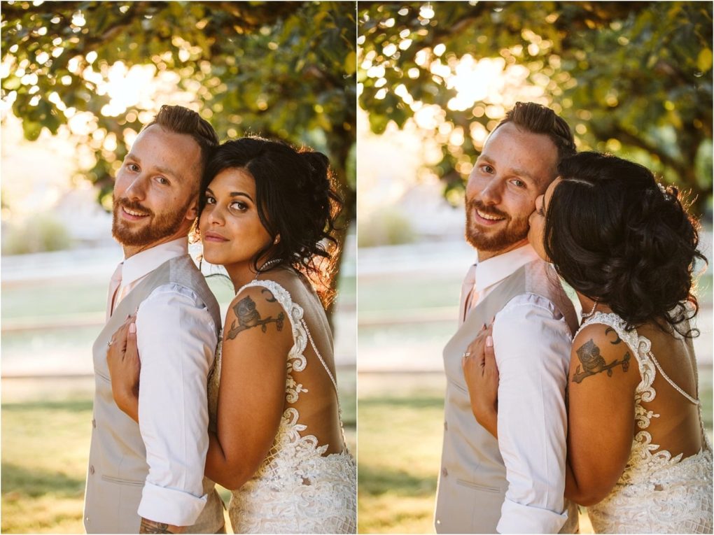 Premier snohomish & seattle wedding photographer | gsquared weddings photography side by side photos of a snohomish seattle wedding the bride in a lace dress embraces the groom from behind outdoors In the second photo she kisses his cheek as sunlight filters through trees behind them | serving snohomish seattle                   & beyond