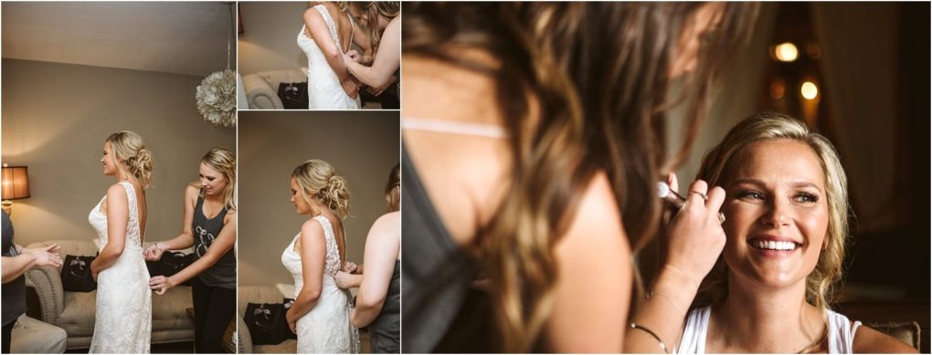 Premier snohomish & seattle wedding photographer | gsquared weddings photography collage of a bride getting ready a woman in a wedding dress has her hair styled and makeup applied by another woman smiling happily in a warmly lit snohomish room before her seattle wedding | serving snohomish seattle                   & beyond