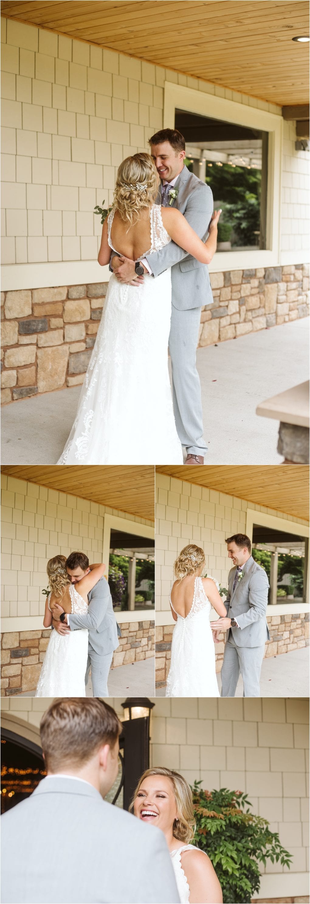 Premier snohomish & seattle wedding photographer | gsquared weddings photography a bride in a white lace dress and a groom in a light gray suit share a joyful first look outside a building with stone and siding smiling and embracing on their snohomish seattle wedding day | serving snohomish seattle                   & beyond