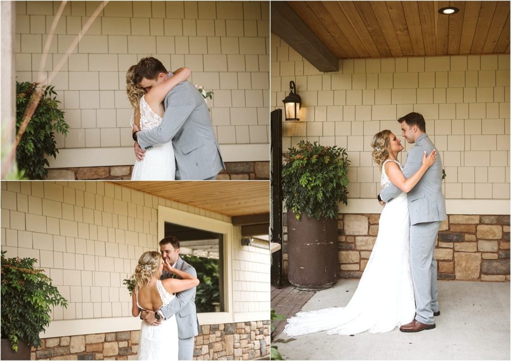 Premier snohomish & seattle wedding photographer | gsquared weddings photography a bride in a white dress and a groom in a light gray suit embrace and smile at each other outside a building with tan siding stone accents and green plants after their snohomish seattle wedding engagement | serving snohomish seattle                   & beyond