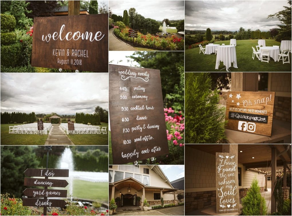 Premier snohomish & seattle wedding photographer | gsquared weddings photography a collage of snohomish and seattle wedding scenes including welcome signs event and menu boards a garden ceremony setup with white chairs reception tables and greenery surrounding the venue Perfect inspiration for your wedding or engagement | serving snohomish seattle                   & beyond