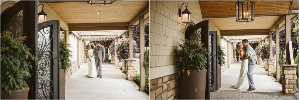 Premier snohomish & seattle wedding photographer | gsquared weddings photography a bride and groom share a joyful moment under a covered walkway adorned with plants and lanterns holding hands and embracing on their snohomish wedding day near seattle | serving snohomish seattle                   & beyond