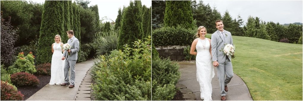 Premier snohomish & seattle wedding photographer | gsquared weddings photography a bride and groom walk hand in hand along a garden path in snohomish smiling at each other surrounded by lush greenery and manicured lawnsa perfect seattle wedding engagement moment | serving snohomish seattle                   & beyond