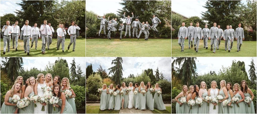 Premier snohomish & seattle wedding photographer | gsquared weddings photography a collage of snohomish wedding party photos shows groomsmen in grey suits and bridesmaids in sage green dresses posing laughing and celebrating outside on a sunny day in a garden setting near seattle | serving snohomish seattle                   & beyond