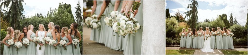 Premier snohomish & seattle wedding photographer | gsquared weddings photography a bride in a white dress stands outside with bridesmaids in light green dresses all holding white flower bouquets smiling and laughing together in a beautiful snohomish garden wedding setting near seattle | serving snohomish seattle                   & beyond