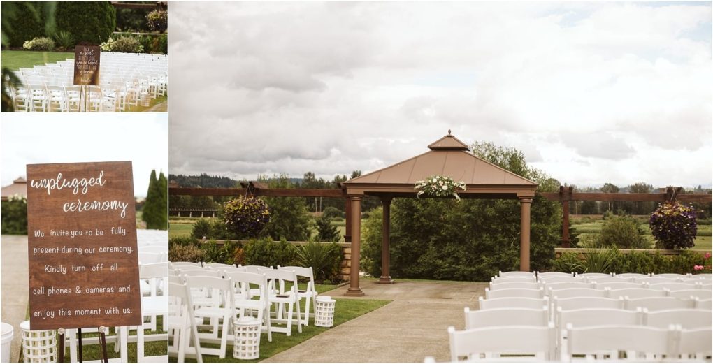 Premier snohomish & seattle wedding photographer | gsquared weddings photography outdoor wedding ceremony setup near snohomish with rows of white chairs facing a gazebo A wooden sign reads unplugged ceremonyplease turn off all phones & cameras  lush greenery surrounds this perfect seattle wedding engagement setting | serving snohomish seattle                   & beyond
