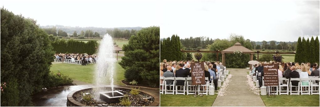 Premier snohomish & seattle wedding photographer | gsquared weddings photography a split image showcases a snohomish seattle wedding ceremony on the left guests sit in rows near a fountain on a green lawn on the right the ceremony aisle is lined with flower petals and wooden signs leading to an arbor | serving snohomish seattle                   & beyond