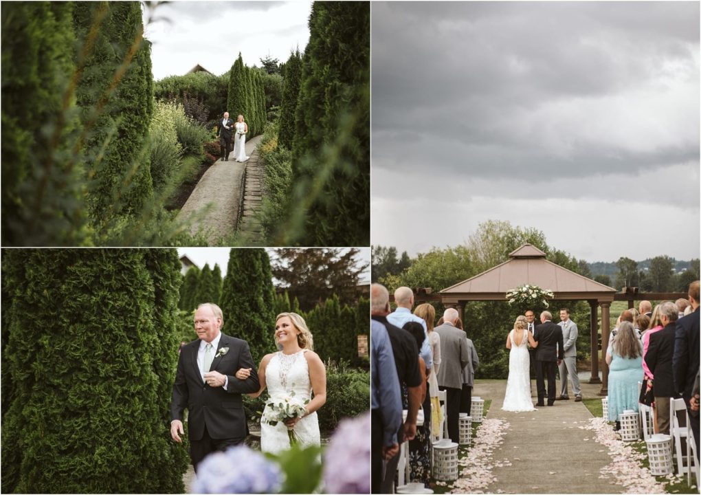 Premier snohomish & seattle wedding photographer | gsquared weddings photography a collage of three snohomish wedding photos a bride walks with an older man along a garden path a close up of them smiling and the couple stands at an outdoor altar with guests seated on either side | serving snohomish seattle                   & beyond