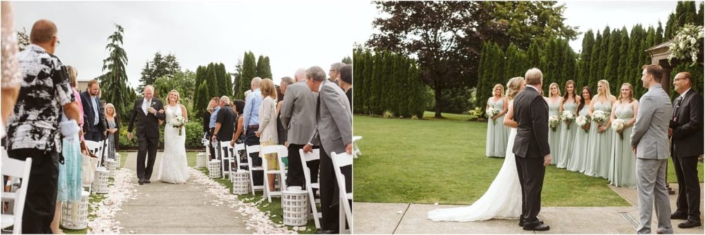 Premier snohomish & seattle wedding photographer | gsquared weddings photography a bride in a white dress walks down an outdoor aisle with her father at a snohomish seattle wedding surrounded by standing guests In the second image she faces the groom and wedding party in light green dresses and gray suits | serving snohomish seattle                   & beyond