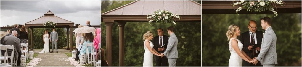 Premier snohomish & seattle wedding photographer | gsquared weddings photography a bride and groom stand holding hands under a gazebo during a snohomish outdoor wedding ceremony with guests seated and an officiant presiding surrounded by lush greenery and floral decorations | serving snohomish seattle                   & beyond