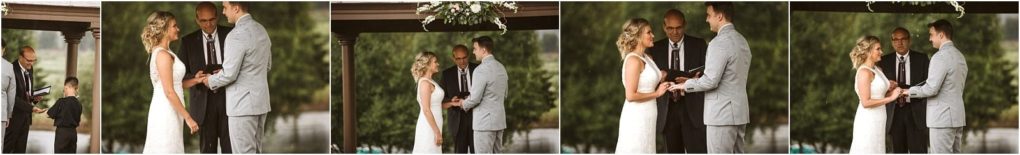 Premier snohomish & seattle wedding photographer | gsquared weddings photography a sequence of photos shows a couple exchanging rings and vows outdoors under a covered structure with an officiant presiding over their snohomish wedding ceremony The green background is softly blurred capturing the seattle area romance | serving snohomish seattle                   & beyond