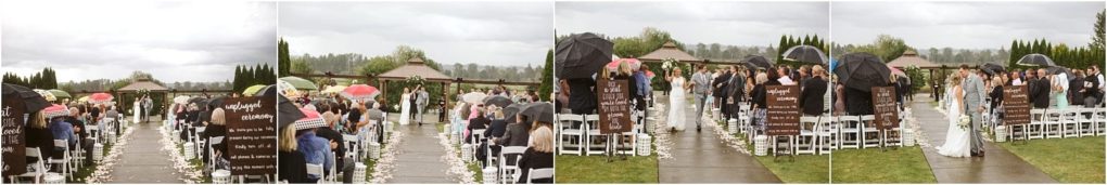 Premier snohomish & seattle wedding photographer | gsquared weddings photography four photo sequence of a snohomish outdoor wedding ceremony on a rainy day guests sit under umbrellas the couple walks down a white petal aisle and a wooden wedding sign stands near the center Perfect for seattle wedding inspiration | serving snohomish seattle                   & beyond