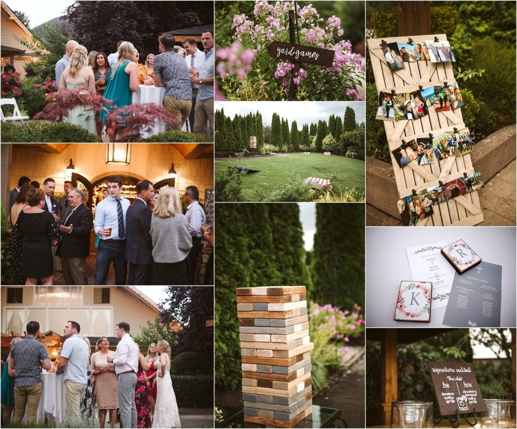 Premier snohomish & seattle wedding photographer | gsquared weddings photography a collage of outdoor snohomish wedding reception scenes including guests socializing a yard games sign among flowers large jenga a photo display wedding programs and personalized cookies Perfect inspiration for your seattle engagement or celebration | serving snohomish seattle                   & beyond
