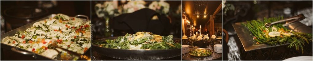 Premier snohomish & seattle wedding photographer | gsquared weddings photography four side by side images of elegant buffet style dishes including herb topped pasta leafy salad with lemon slices and asparagus arranged on serving trays at a formal snohomish seattle wedding or engagement with soft warm lighting | serving snohomish seattle                   & beyond