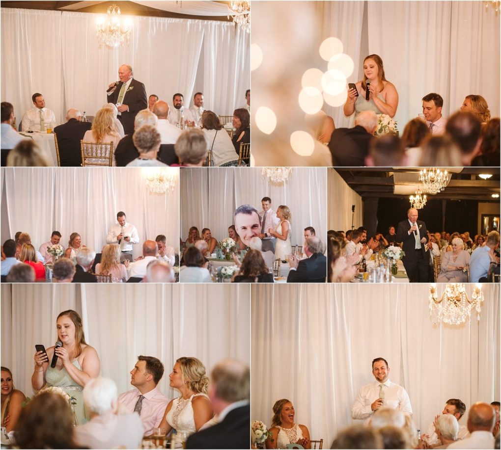 Premier snohomish & seattle wedding photographer | gsquared weddings photography an elegant snohomish wedding reception with guests seated at tables under chandeliers and white drapery Heartfelt speeches are given including a woman reading from her phone capturing the joyful spirit of this seattle area celebration | serving snohomish seattle                   & beyond
