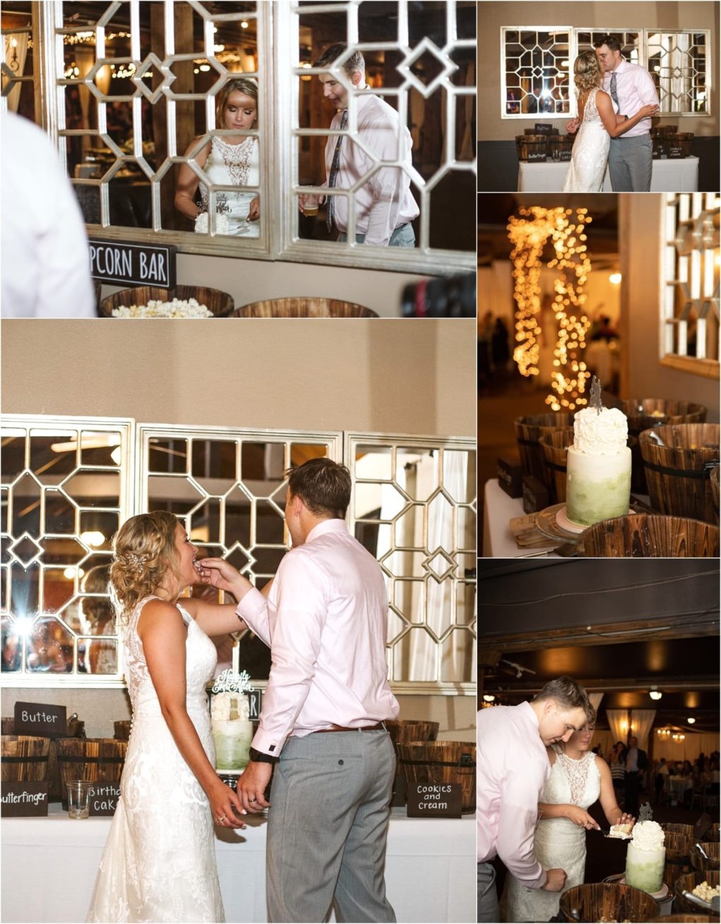 Premier snohomish & seattle wedding photographer | gsquared weddings photography a collage of snohomish wedding photos shows a bride and groom at their reception featuring a popcorn bar sharing cake and celebrating under string lights The bride wears a lace dress the groom is in a pink shirt | serving snohomish seattle                   & beyond
