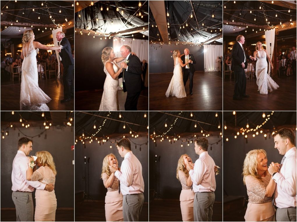 Premier snohomish & seattle wedding photographer | gsquared weddings photography a collage of snohomish wedding reception photos shows a bride dancing with her father and a groom dancing with his mother under string lights in a warmly decorated venue near seattle | serving snohomish seattle                   & beyond