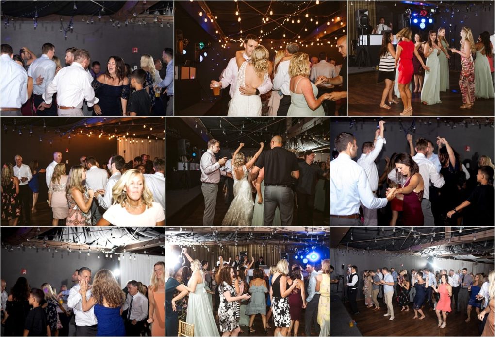 Premier snohomish & seattle wedding photographer | gsquared weddings photography a collage of nine photos shows groups of people dancing and celebrating at a lively snohomish wedding reception under string lights with a festive atmosphere | serving snohomish seattle                   & beyond
