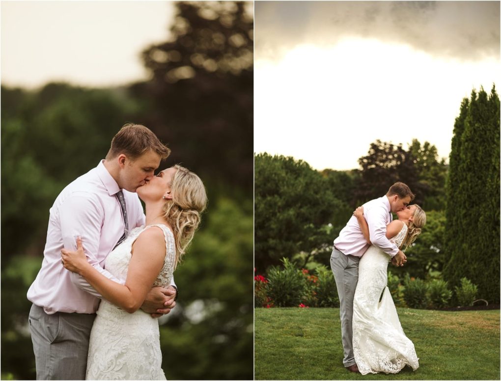 Premier snohomish & seattle wedding photographer | gsquared weddings photography a bride and groom embrace and kiss outdoors in lush green gardens under a cloudy sky celebrating their snohomish wedding day near seattle | serving snohomish seattle                   & beyond
