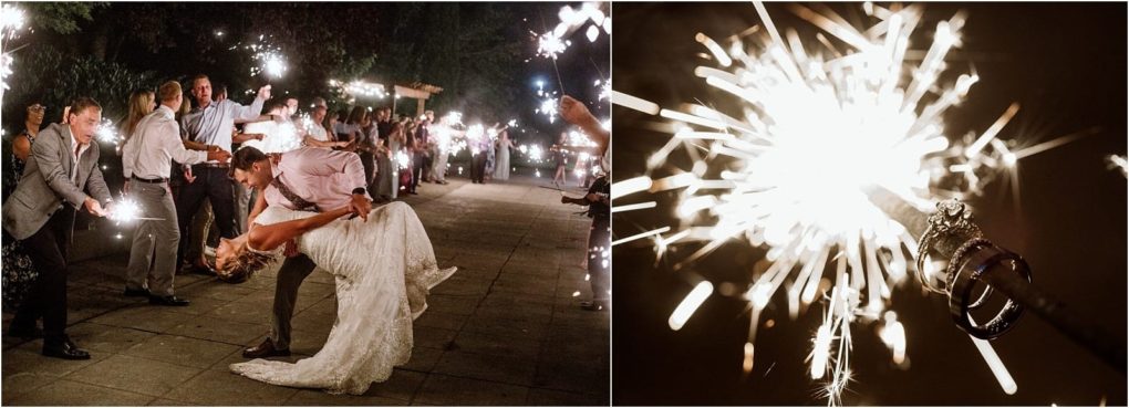 Premier snohomish & seattle wedding photographer | gsquared weddings photography a couple shares a dip kiss at night surrounded by guests holding sparklers capturing the magic of a snohomish seattle wedding On the right a close up of a sparkling firework with wedding rings placed on the metal rod | serving snohomish seattle                   & beyond