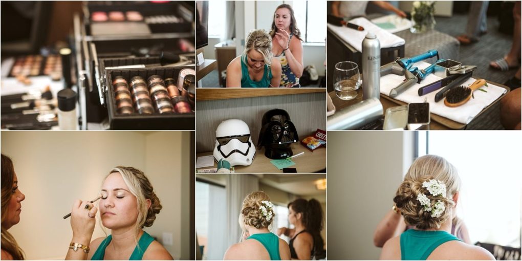 Premier snohomish & seattle wedding photographer | gsquared weddings photography a collage captures a snohomish seattle wedding makeup palettes tools and hair products laid out a woman styling the brides hair another applying makeup the brides floral updo and star wars helmets on a table | serving snohomish seattle                   & beyond