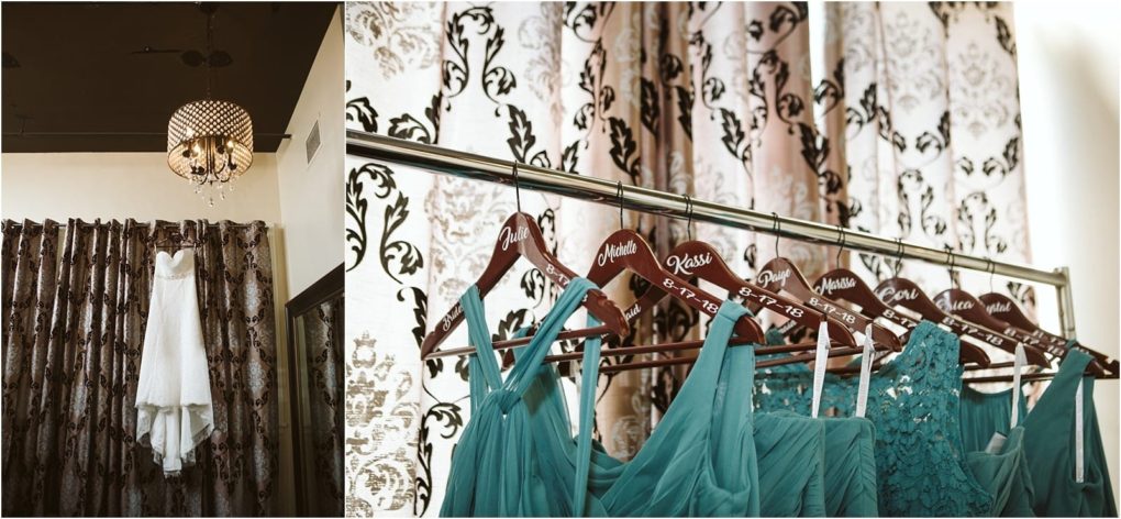 Premier snohomish & seattle wedding photographer | gsquared weddings photography a white wedding dress hangs high against patterned curtains left while teal bridesmaid dresses hang on named wooden hangers in front of matching curtains righta timeless snohomish seattle wedding moment | serving snohomish seattle                   & beyond