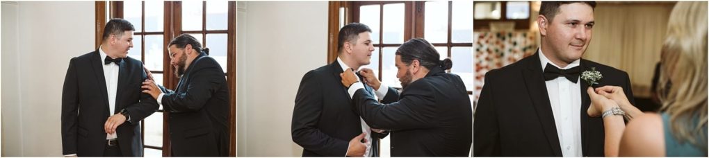 Premier snohomish & seattle wedding photographer | gsquared weddings photography three photos show a groom in a black tuxedo being helped to adjust his bow tie and boutonniere as he gets ready for his snohomish seattle wedding standing indoors near large windows | serving snohomish seattle                   & beyond