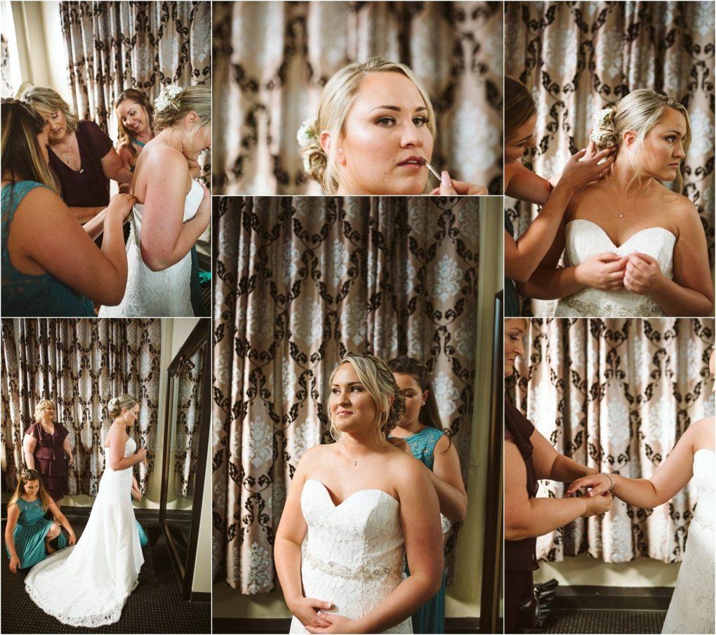 Premier snohomish & seattle wedding photographer | gsquared weddings photography a bride in a strapless white gown is helped by two women as she prepares for her snohomish wedding They adjust her dress jewelry and makeup in a room with patterned curtains She looks calm and focused before the seattle engagement celebration | serving snohomish seattle                   & beyond