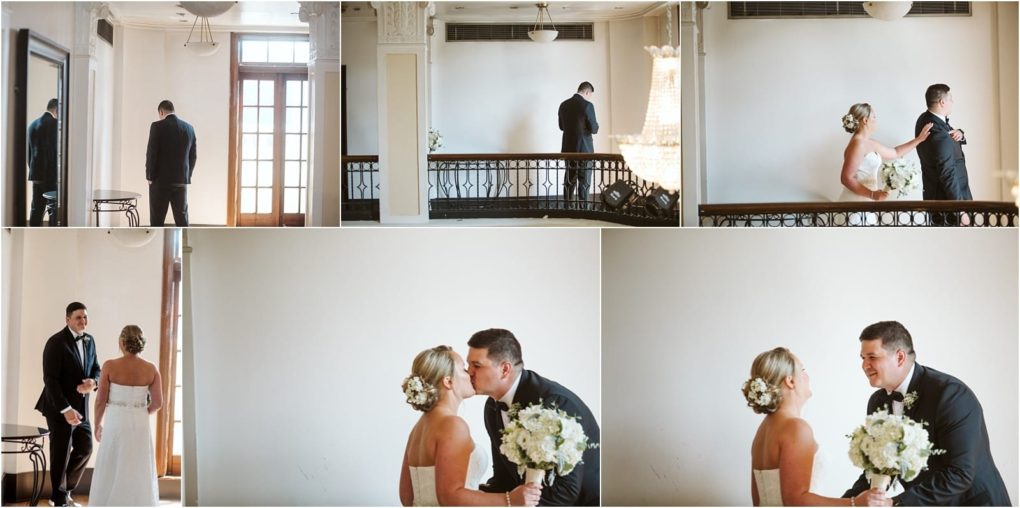 Premier snohomish & seattle wedding photographer | gsquared weddings photography a collage of five snohomish wedding photos shows a bride and grooms first look in an elegant light filled room The couple smiles embraces and kisses the bride holds a bouquet and wears a flower in her hair | serving snohomish seattle                   & beyond