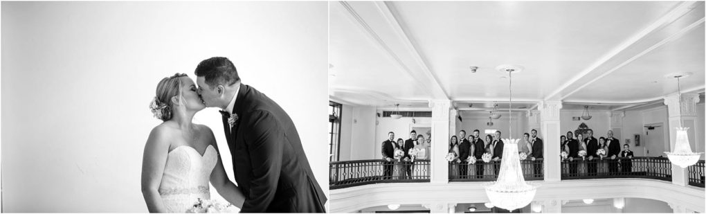 Premier snohomish & seattle wedding photographer | gsquared weddings photography a black and white photo split into two panels on the left a snohomish bride and groom share a kiss on the right their wedding party stands on a balcony in an elegant venue with chandeliers | serving snohomish seattle                   & beyond