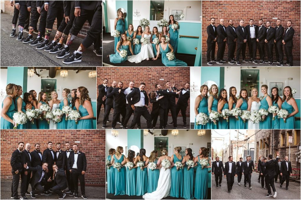 Premier snohomish & seattle wedding photographer | gsquared weddings photography a collage of snohomish wedding party photos features bridesmaids in teal dresses and groomsmen in black suits posing playfully and formally against a brick wall and alleycapturing the fun spirit of a seattle engagement celebration | serving snohomish seattle                   & beyond