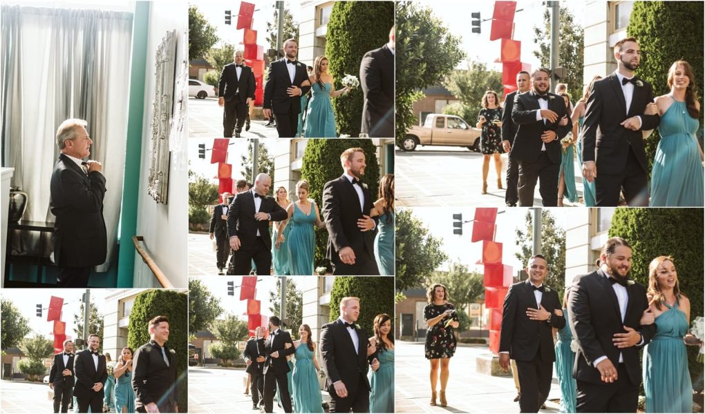 Premier snohomish & seattle wedding photographer | gsquared weddings photography a collage shows a snohomish wedding party in formal wear with men in black tuxedos and women in teal dresses walking outdoors and smiling One image features a man indoors adjusting his tie preparing to join the group | serving snohomish seattle                   & beyond