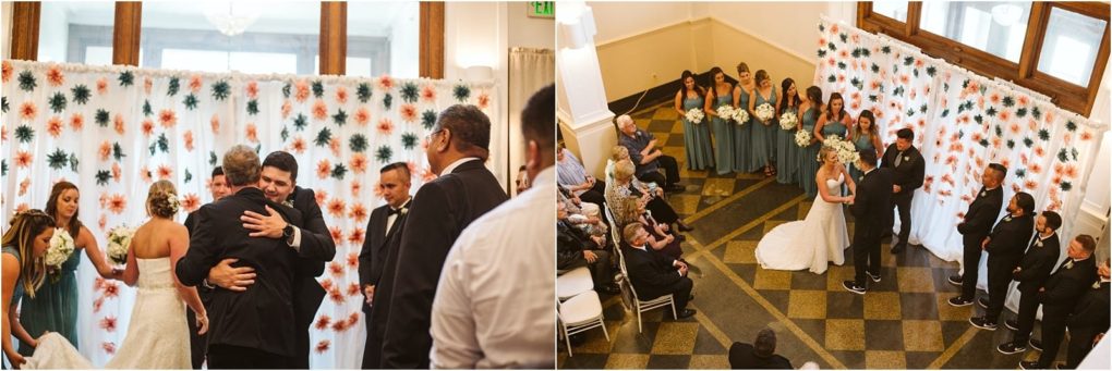 Premier snohomish & seattle wedding photographer | gsquared weddings photography two side by side photos capture a snohomish wedding ceremony On the left two men hug at the altar as the bride looks on On the right the bride and groom stand with their wedding party in front of guests at this seattle area celebration | serving snohomish seattle                   & beyond