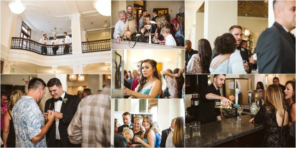 Premier snohomish & seattle wedding photographer | gsquared weddings photography a collage of snohomish wedding reception scenes shows guests socializing laughing and enjoying drinks at an elegant venue with a balcony and bar one image features a bartender serving drinks another captures a woman taking a selfie | serving snohomish seattle                   & beyond