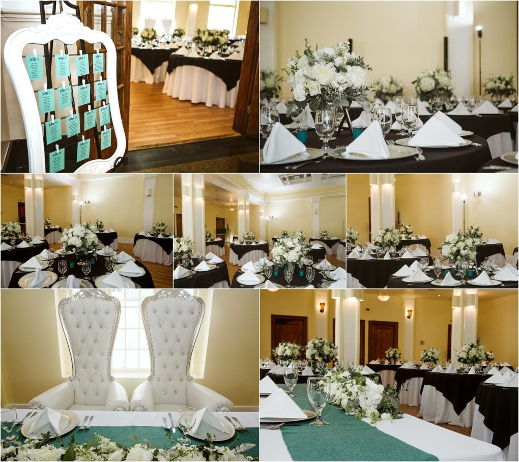 Premier snohomish & seattle wedding photographer | gsquared weddings photography collage of elegant snohomish wedding reception images featuring white floral centerpieces black and white table settings with folded napkins a seating chart with green cards and two ornate white chairs at the head table | serving snohomish seattle                   & beyond