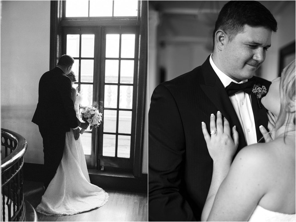 Premier snohomish & seattle wedding photographer | gsquared weddings photography a couple dressed in wedding attire stands together by a large window in one photo in the other they gaze lovingly at each other the brides hand on the grooms chest Both black and white images capture this romantic snohomish seattle wedding moment | serving snohomish seattle                   & beyond