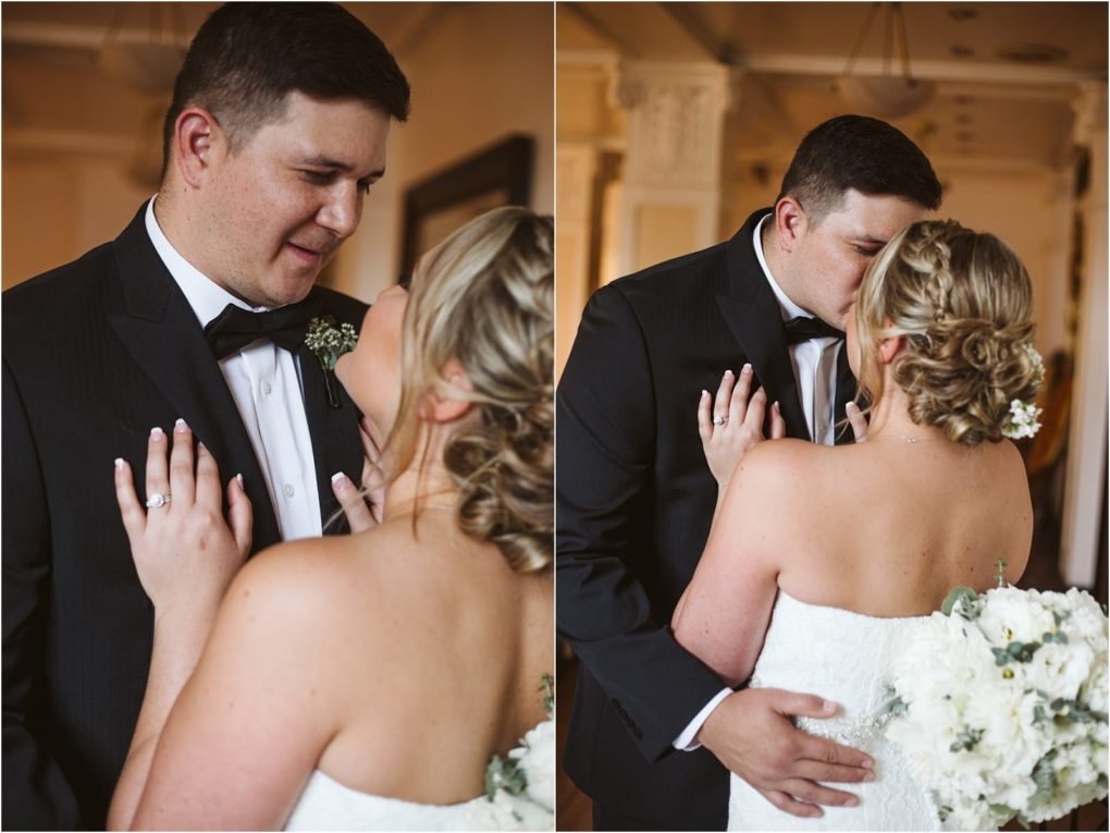 Premier snohomish & seattle wedding photographer | gsquared weddings photography a bride in a white dress and groom in a black tuxedo lovingly embrace and kiss indoors Capturing their joyful affection this snohomish seattle wedding scene highlights the brides white bouquet as they celebrate their special day | serving snohomish seattle                   & beyond