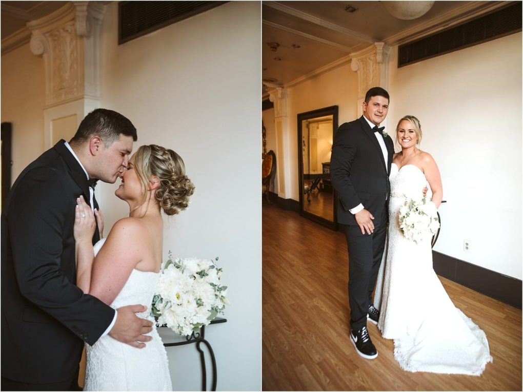 Premier snohomish & seattle wedding photographer | gsquared weddings photography a bride in a white strapless gown holding a bouquet stands with her groom in a black tuxedo Captured during their snohomish wedding they share a kiss and smile at the camera in a bright elegant room with wood floors | serving snohomish seattle                   & beyond