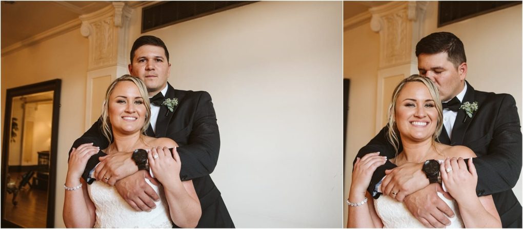 Premier snohomish & seattle wedding photographer | gsquared weddings photography a bride in a white dress and a groom in a black suit stand together indoors At their snohomish wedding the groom stands behind the bride holding her and gently kissing her on the head while she smiles at the camera | serving snohomish seattle                   & beyond