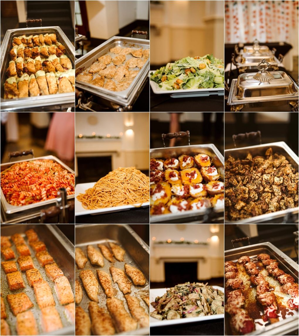 Premier snohomish & seattle wedding photographer | gsquared weddings photography a collage of twelve images displays a variety of buffet dishes including baked pastries salads pasta grilled meats and assorted entrees in metal trays and serving platters at a snohomish seattle wedding or engagement event | serving snohomish seattle                   & beyond