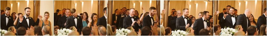 Premier snohomish & seattle wedding photographer | gsquared weddings photography a sequence of photos shows two men in tuxedos joyfully greeting and hugging each other during a formal snohomish seattle wedding surrounded by smiling applauding guests | serving snohomish seattle                   & beyond