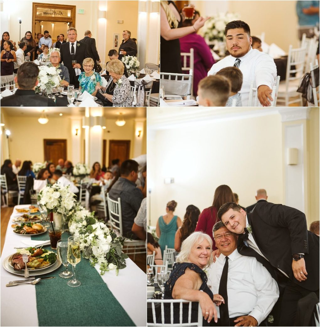 Premier snohomish & seattle wedding photographer | gsquared weddings photography a collage of four images at a snohomish wedding reception guests sitting at decorated tables people posing and smiling for photos and a close up of a green and white floral centerpiece with plates of food and drinks | serving snohomish seattle                   & beyond