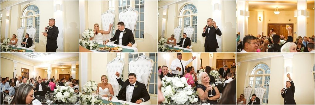 Premier snohomish & seattle wedding photographer | gsquared weddings photography a collage of snohomish seattle wedding reception photos shows a man giving a speech the bride and groom smiling at a decorated table guests reacting and a lively celebration in a bright elegant hall | serving snohomish seattle                   & beyond