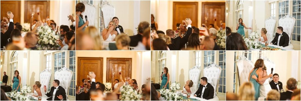 Premier snohomish & seattle wedding photographer | gsquared weddings photography a collage of snohomish wedding reception photos shows a woman in a teal dress giving a toast with a microphone while the bride and groom seated at a decorated table smile and guests raise their glasses capturing seattle engagement joy | serving snohomish seattle                   & beyond