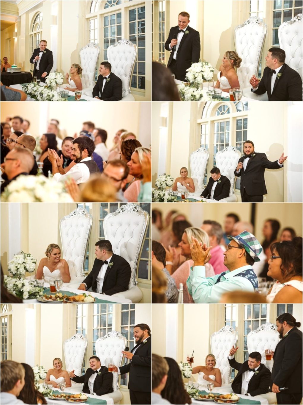 Premier snohomish & seattle wedding photographer | gsquared weddings photography a wedding reception collage near snohomish shows a bride and groom seated at a white throne like table as guests give speeches toast and clap The bright room captures joyful moments from their seattle wedding celebration | serving snohomish seattle                   & beyond