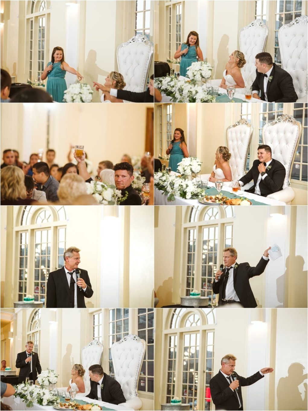 Premier snohomish & seattle wedding photographer | gsquared weddings photography a collage of snohomish wedding reception photos shows guests giving speeches to a seated bride and groom at a decorated table with a white throne chair and floral arrangements in a bright elegant venue | serving snohomish seattle                   & beyond