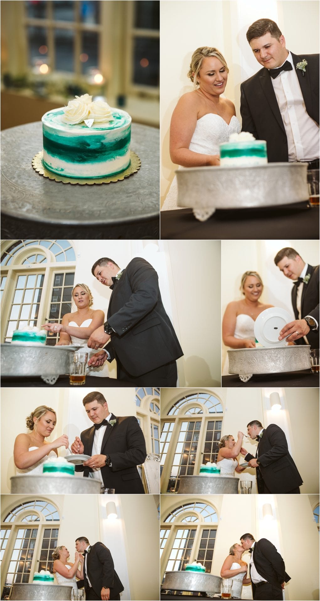 Premier snohomish & seattle wedding photographer | gsquared weddings photography a bride and groom cut a blue and white wedding cake together laughing and feeding each other cake in a bright elegant room with large windows at their beautiful snohomish seattle wedding | serving snohomish seattle                   & beyond