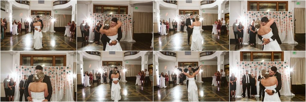 Premier snohomish & seattle wedding photographer | gsquared weddings photography a collage of eight photos shows a bride and groom sharing their first dance at their snohomish wedding reception surrounded by guests and set against a floral backdrop in a bright elegant venue | serving snohomish seattle                   & beyond