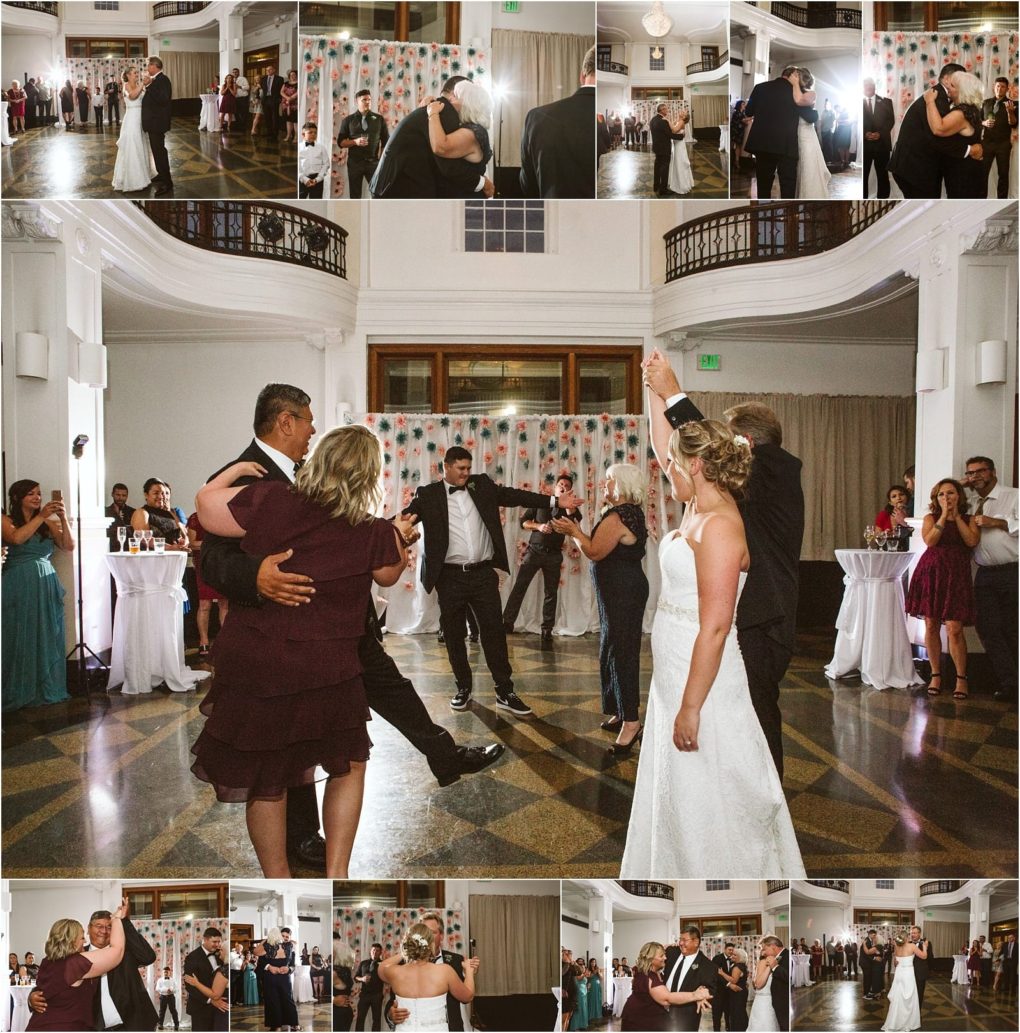 Premier snohomish & seattle wedding photographer | gsquared weddings photography a collage of wedding reception photos shows guests and newlyweds dancing in a formal hall near snohomish with elegant white walls high ceilings and a polished floor People are smiling celebrating and enjoying the seattle wedding festivities | serving snohomish seattle                   & beyond